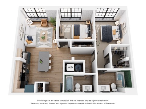 A 3D floor plan of a small apartment with a kitchen, living room, and bathroom.